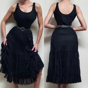𝅺VINTAGE Jones Wear Black Chiffon Sleeveless Tiered Ruffle Full Skirt Midi Dres